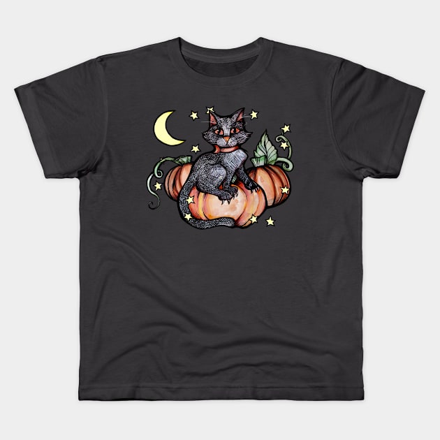 Black Cat Pumpkin Halloween Kids T-Shirt by bubbsnugg